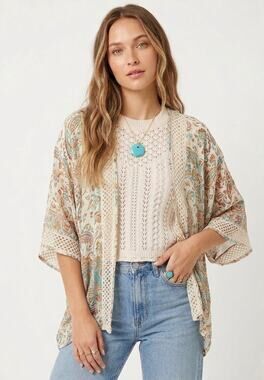 And Now This Spring Sweater Size Medium Ivory Boho‎ Chic Short Sleeve Open Knit